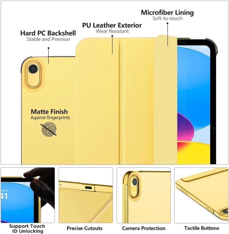 MoKo حافظة لجهاز iPad (A16) الجيل الحادي عشر 11 بوصة 2025، حافظة لجهاز iPad الجيل العاشر 10.9 بوصة 2022، غلاف ذكي رقيق من البلاستيك الصلب مع ظهر شفاف، يدعم Touch ID، استيقاظ/نوم تلقائي، أصفر فاتح - Image 3